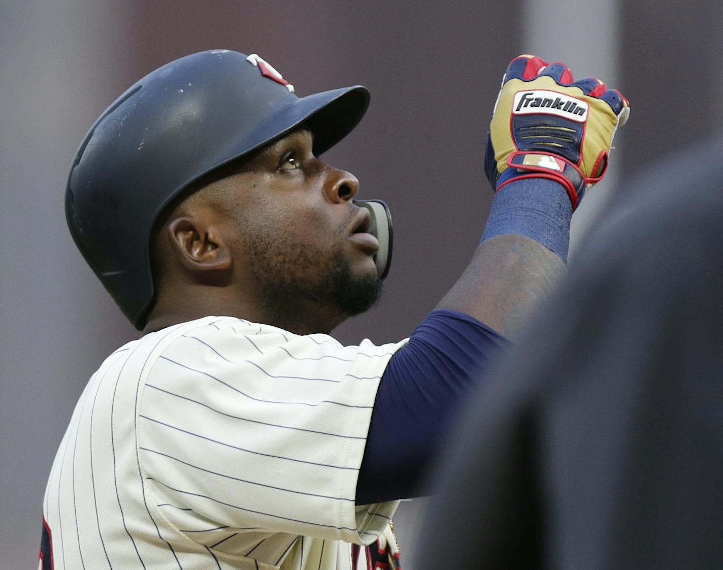 Minnesota Twins' Miguel Sano celebrates his home run against the Detroit Tigers in the third inning during a baseball game Saturday, Aug. 18, 2018, in Minneapolis. (AP Photo/Andy Clayton-King)