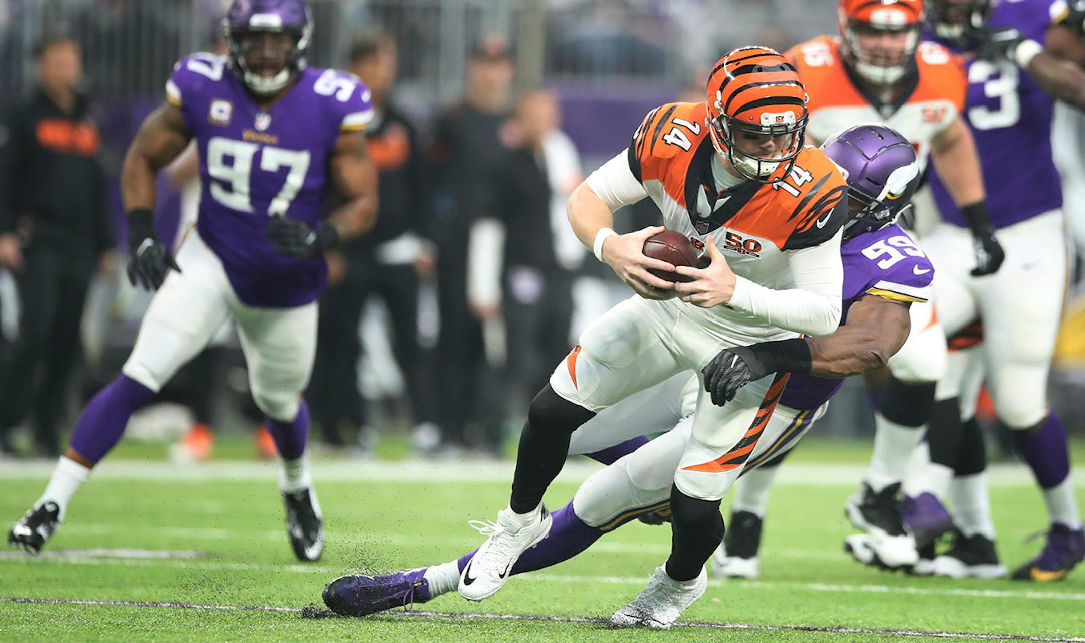 Minnesota Vikings defensive end Danielle Hunter (99) sacked Cincinnati Bengals quarterback Andy Dalton (14) in the second quarter at U.S.Bank Stadium Sunday December 17, 2017 in Minneapolis, MN.