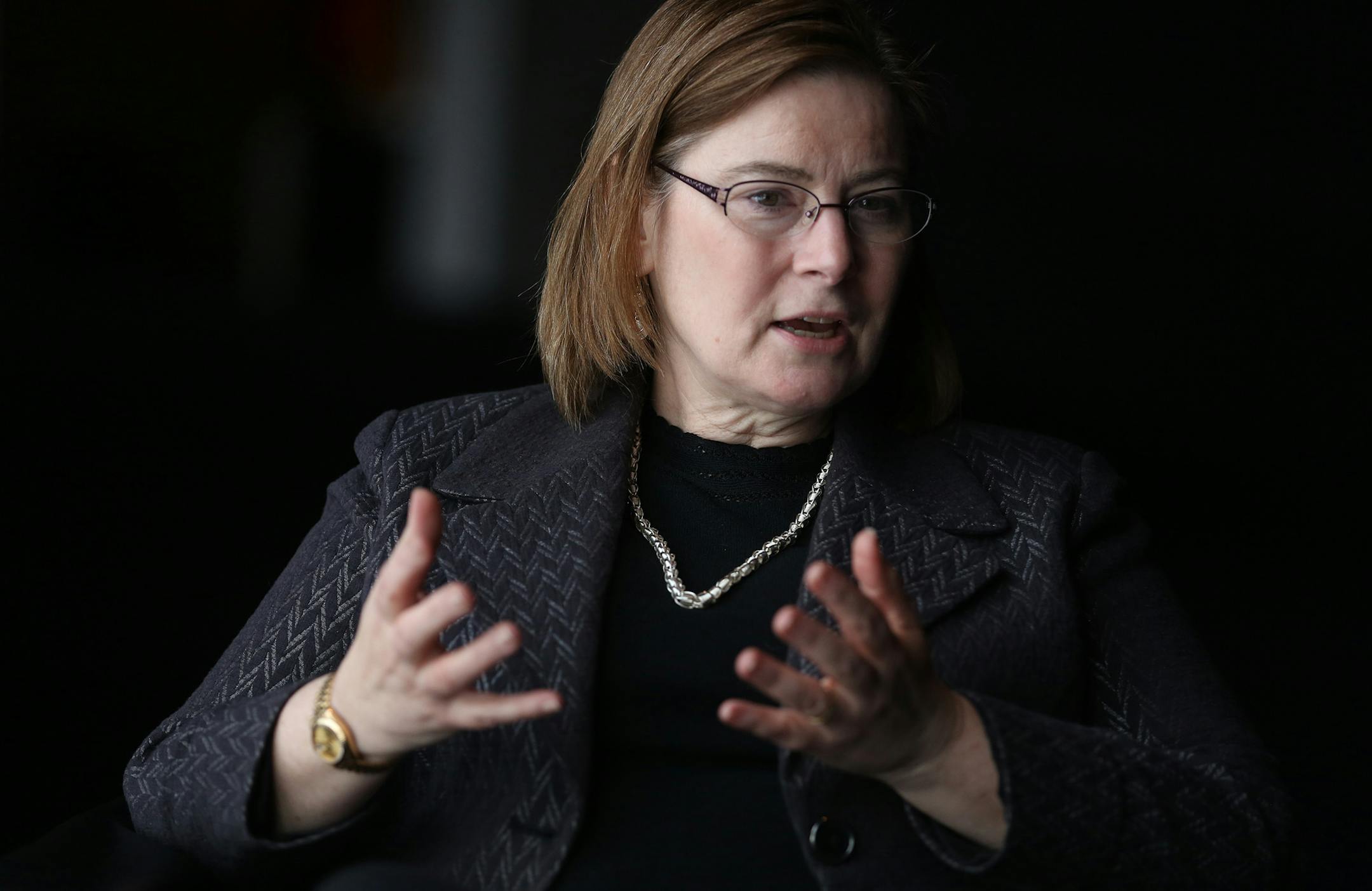 Judy Reinke, deputy director of the U.S. Commercial Service talked about how her office tried remove barriers for U.S. businesses to be a part of markets overseas and to good overseas partners to invest in U.S. products. ] (KYNDELL HARKNESS/STAR TRIBUNE) kyndell.harkness@startribune.com The interview took place at the Guthrie Theater in Minneapolis Tuesday, March 4 2014.