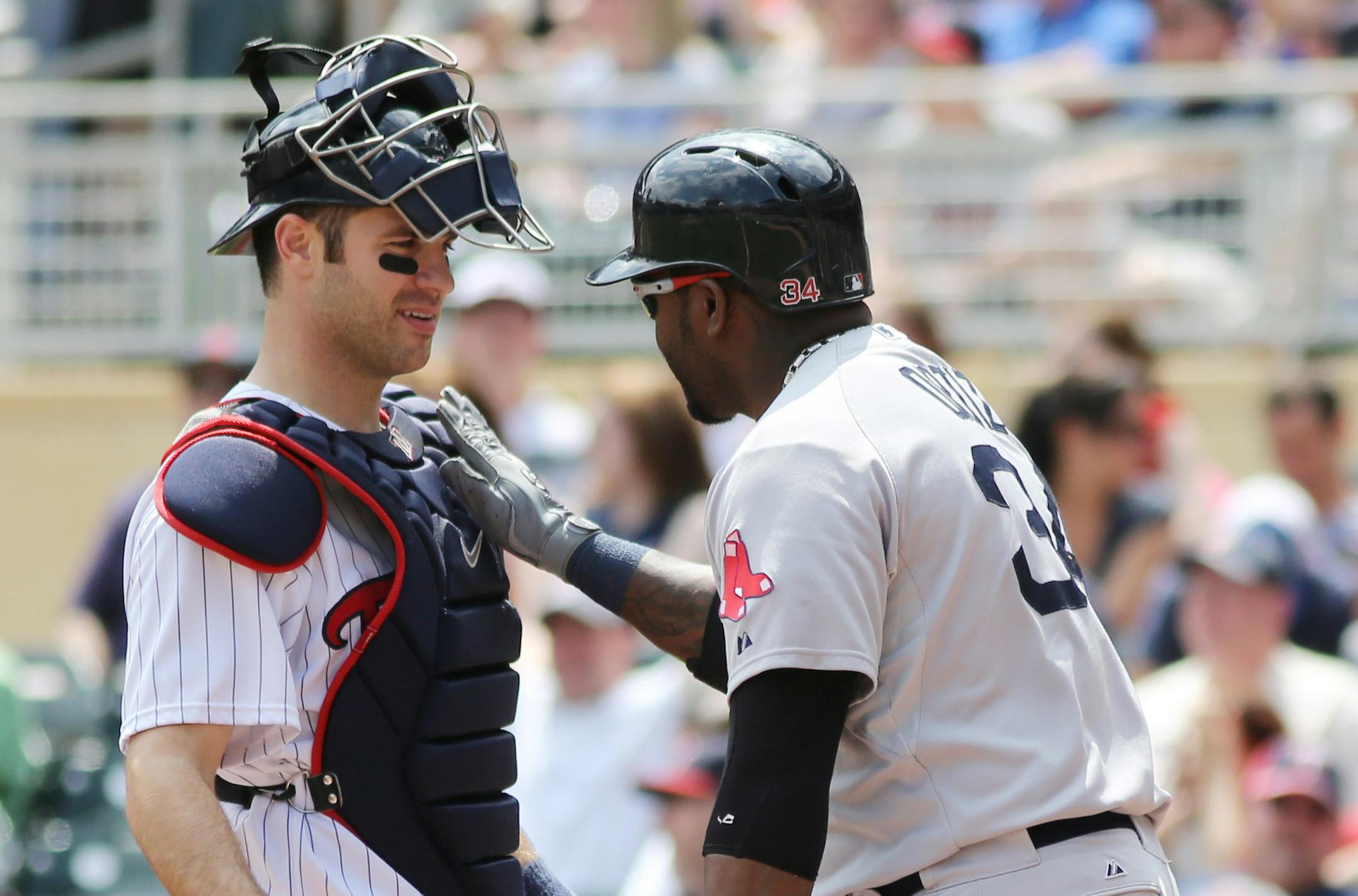 May 19, 2013 - Minneapolis, MN, U.S - May 19, 2013: Minnesota Twins catcher Joe Mauer (7) and Boston Red Sox designated hitter David Ortiz (34) greet one another during the Major League Baseball game between the Minnesota Twins and the Boston Red Sox at Target Field in Minneapolis, Minn. (Cal Sport Media via AP Images) ORG XMIT: CSMAP