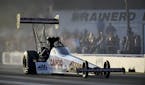 In this photo provided by the NHRA, Steve Torrence drives in Top Fuel qualifying Friday, Aug. 16, 2019, at the Lucas Oil NHRA Nationals drag races at 