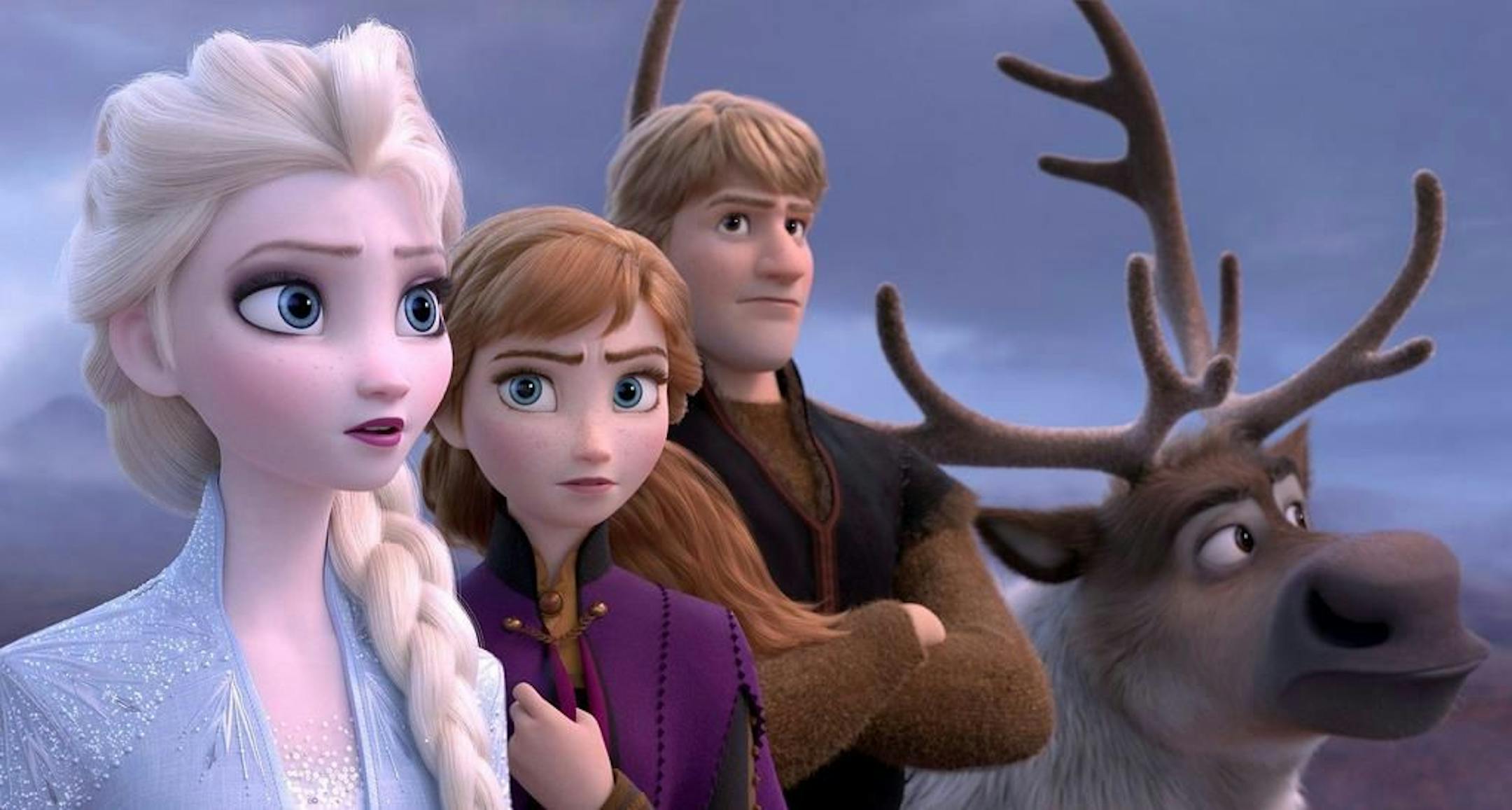 From left, Elsa, voiced by Idina Menzel, Anna, voiced by Kristen Bell, Kristoff, voiced by Jonathan Groff and Sven star in 'Frozen 2.'