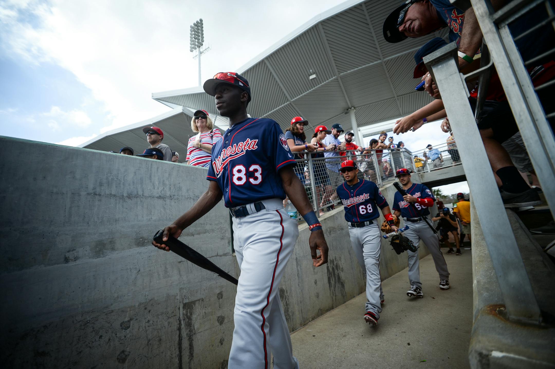 Twins players, including shortstop Nick Gordon (83), took to the field before the start of Saturday afternoon's game against the Boston Red Sox. ] AARON LAVINSKY ï aaron.lavinsky@startribune.com The Minnesota Twins played the Boston Red Sox on Saturday, Feb. 25, 2017 at JetBlue Park in Fort Myers, Fla.