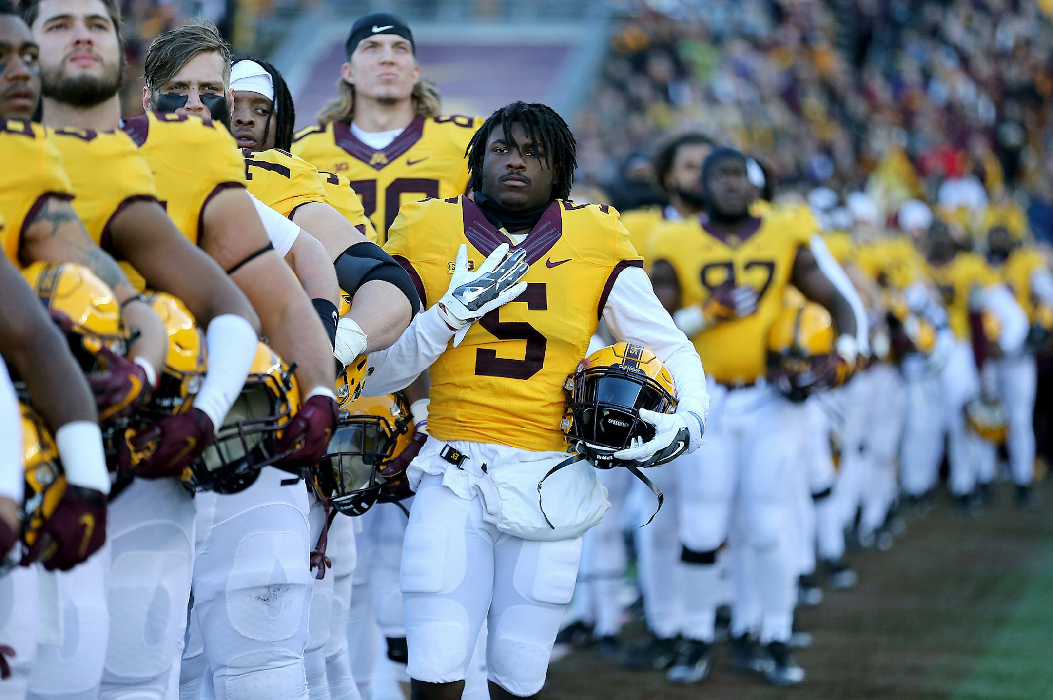 Minnesota's defensive back Jalen Myrick joined the rest of the football team on the field for the National Anthem before Minnesota took on Northwestern at TCF Bank Stadium, Saturday, November 19, 2016 in Minneapolis, MN. ] (ELIZABETH FLORES/STAR TRIBUNE) ELIZABETH FLORES • eflores@startribune.com