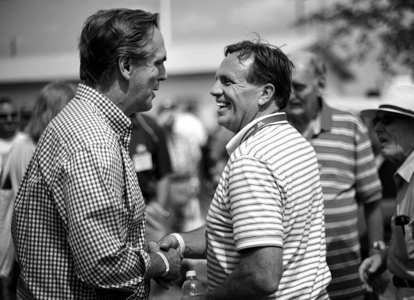 GOP rivals for the U.S. Senate seat Mike McFadden and Jim Abler shook hands outside after the Farmfest U.S. Senate Candidate's forum on agriculture and rural issues ] Wednesday, August 6, 2014. GLEN STUBBE * gstubbe@startribune.com ORG XMIT: MIN1408061605053267