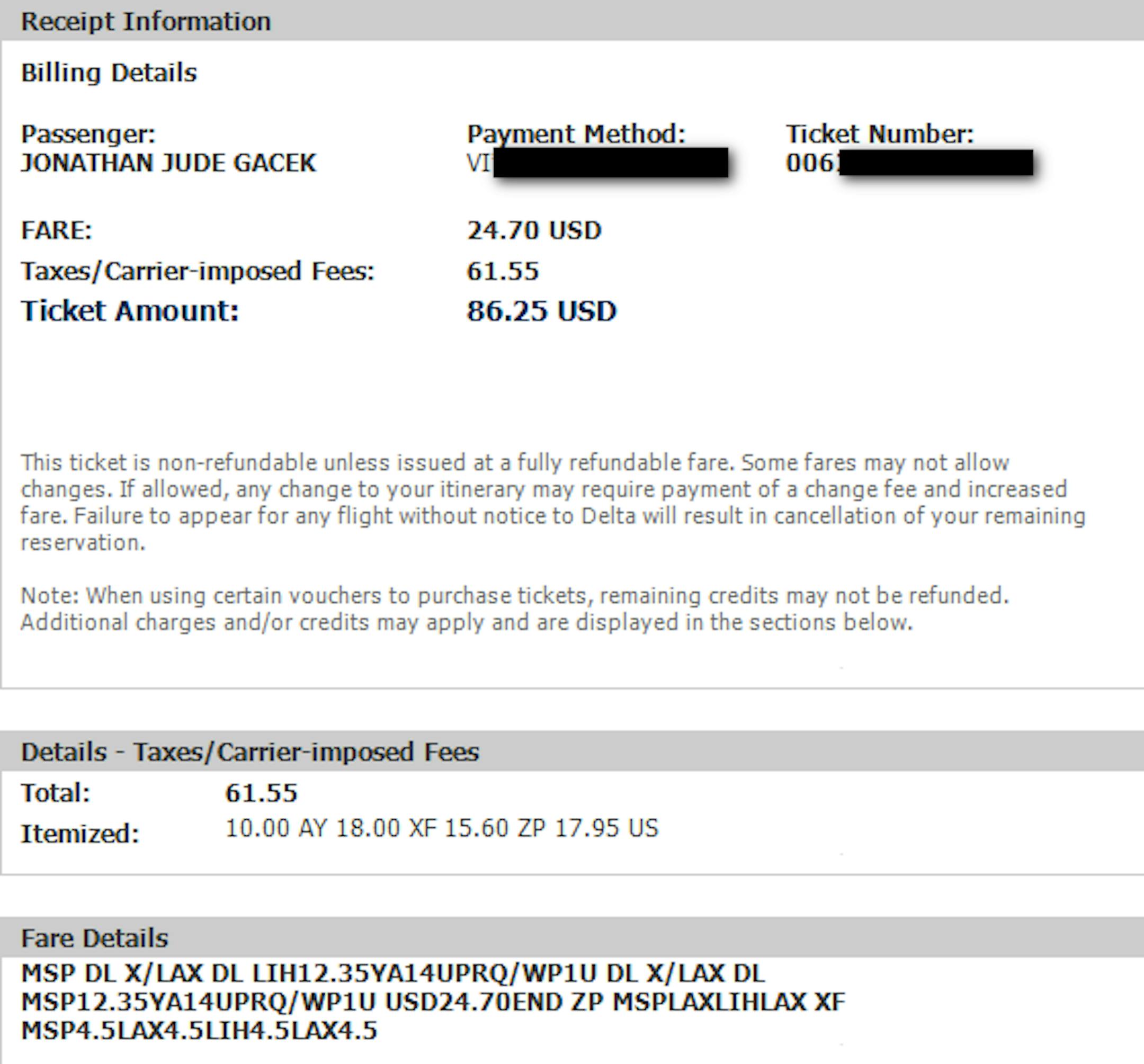 Jonathan Gacek's invoice for his round trip to Hawaii.