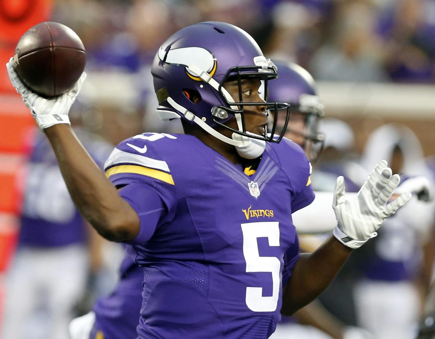 Minnesota Vikings quarterback Teddy Bridgewater throws during the first half of a preseason NFL football game against the Oakland Raiders, Saturday, Aug. 22, 2015, in Minneapolis. (AP Photo/Jim Mone)