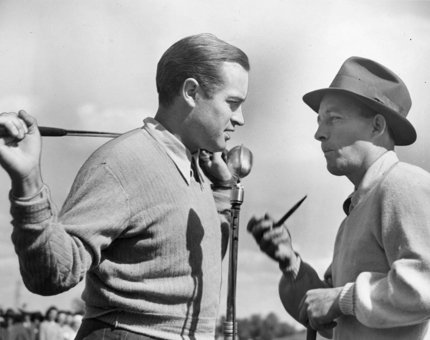 Bob Hope (at left) with Bing Crosby (right) during an exhibition golf match at Midland Hills Country Club in Roseville in May 1942.