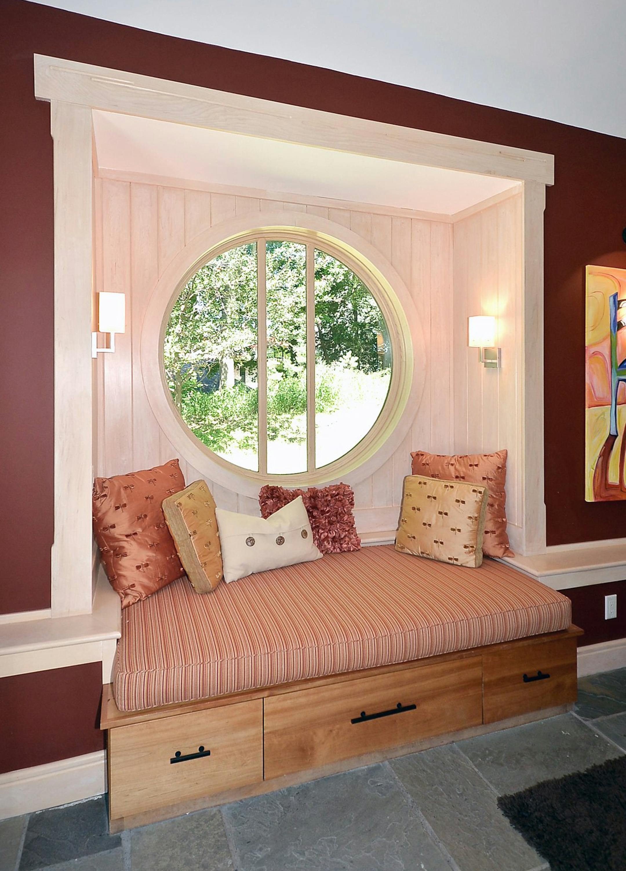 Moon window of Arts & Crafts home for sale on lake MInnetonka. provided by Coldwell Banker Burnet