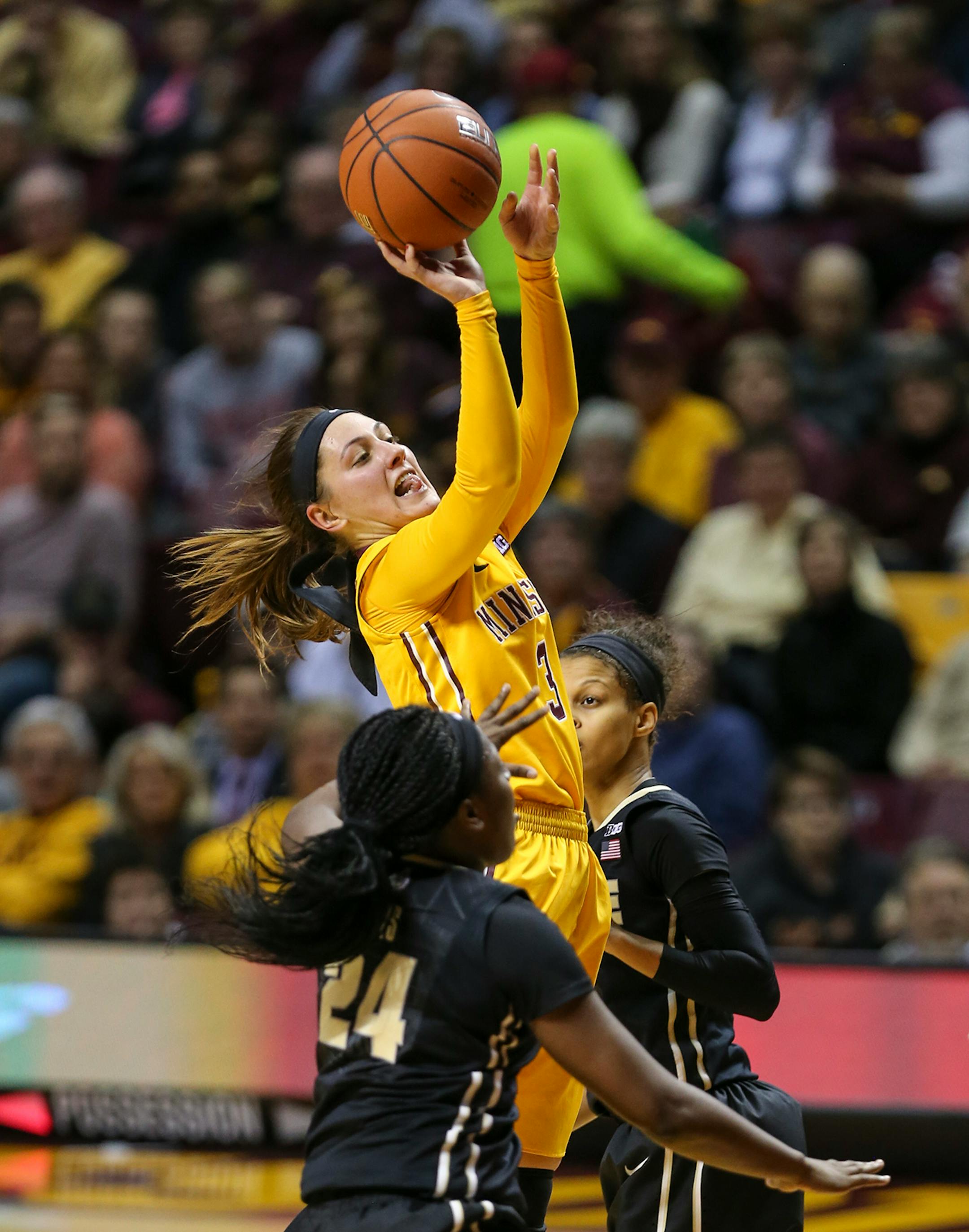 Gophers Shayne McDaniel (3) went for a shot during the first half. ] RENEE JONES SCHNEIDER • reneejones@startribune.com Minnesota Gophers women's basketball verse. Purdue Boilermakers at Williams Arena at the University of Minnesota on Thursday, January 22, 2015 in Minneapolis, Minn.
