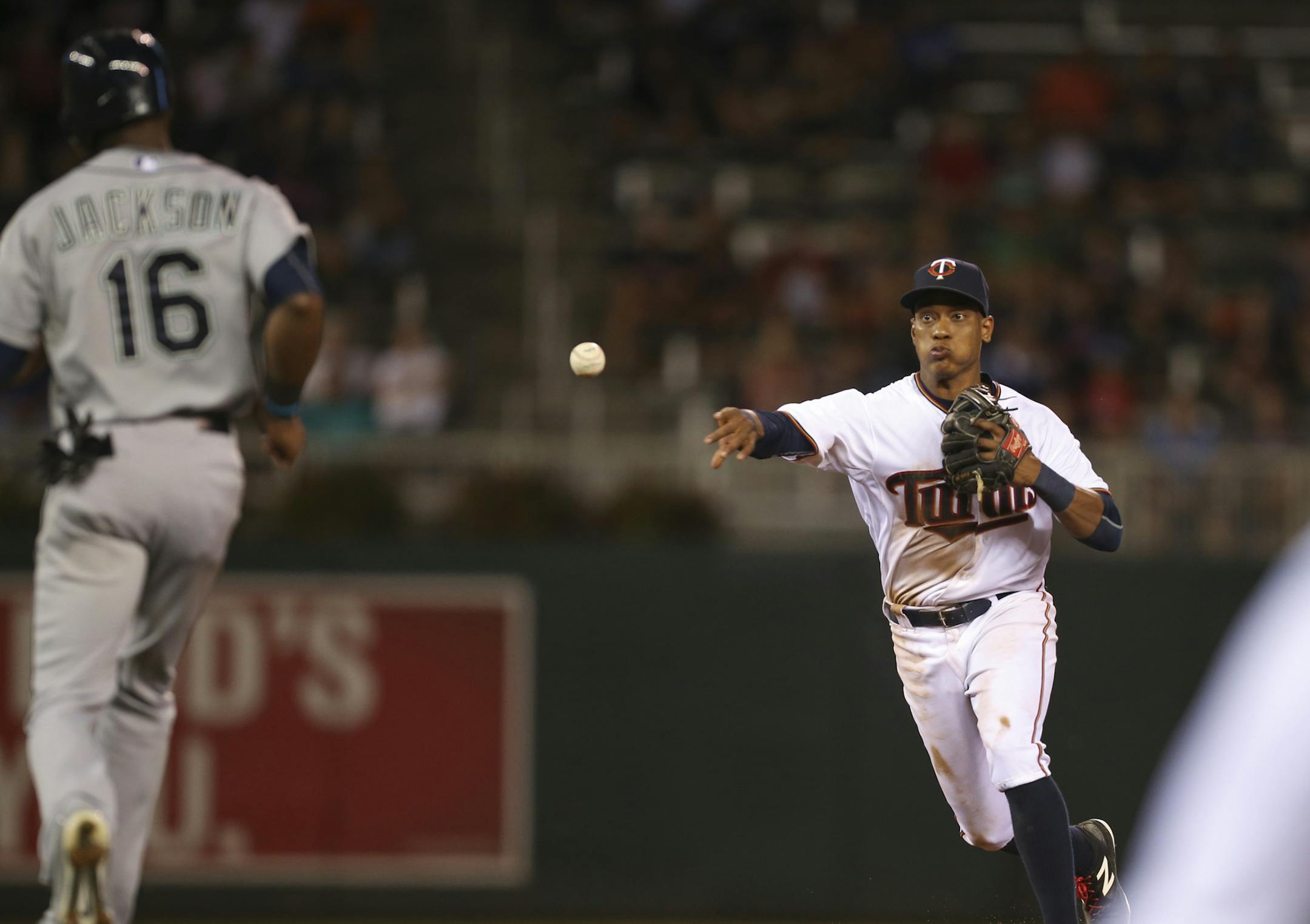 Minnesota Twins shortstop Jorge Polanco threw to first to complete a ninth inning double play after forcing out Seattle Mariners center fielder Austin Jackson (16) after a grounder by Kyle Seager Thursday night. ] JEFF WHEELER ï jeff.wheeler@startribune.com The Minnesota Twins began a series with the Seattle Mariners with a 9-5 win Thursday night, July 30, 2015 at Target Field in Minneapolis.