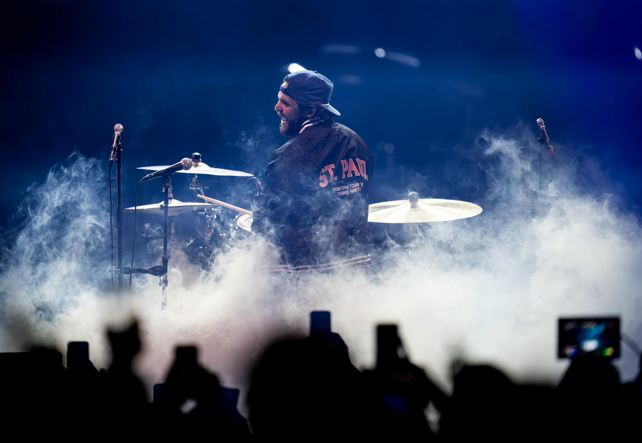 Thomas Rhett starts his performance by rising up onto the stage with a drumset as he performs at the Xcel Energy Center on Thursday, July 27, 2023 in St. Paul, Minn. ] RENEE JONES SCHNEIDER • renee.jones@startribune.com