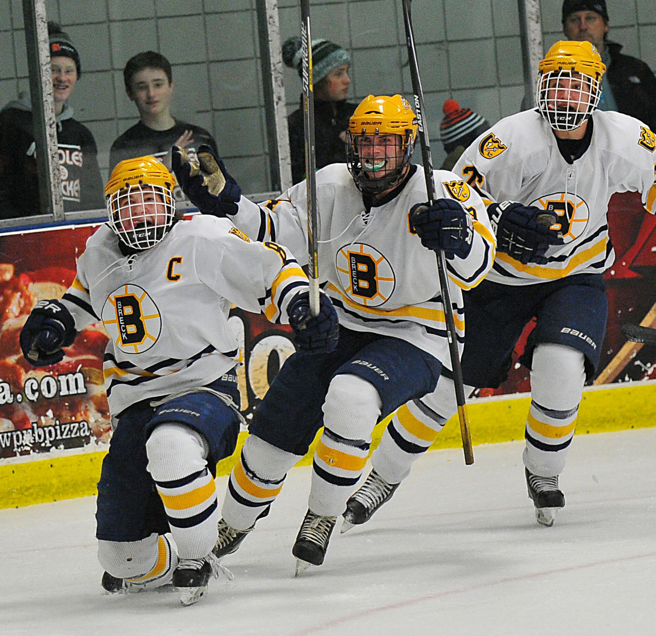 Breck forward Chase Ellingson score a late third period goal to put the Mustangs head but not for long. Delano ties the score with less than a minute to send the game into overtime in the Section 2A boys hockey final at Parade Ice Center.