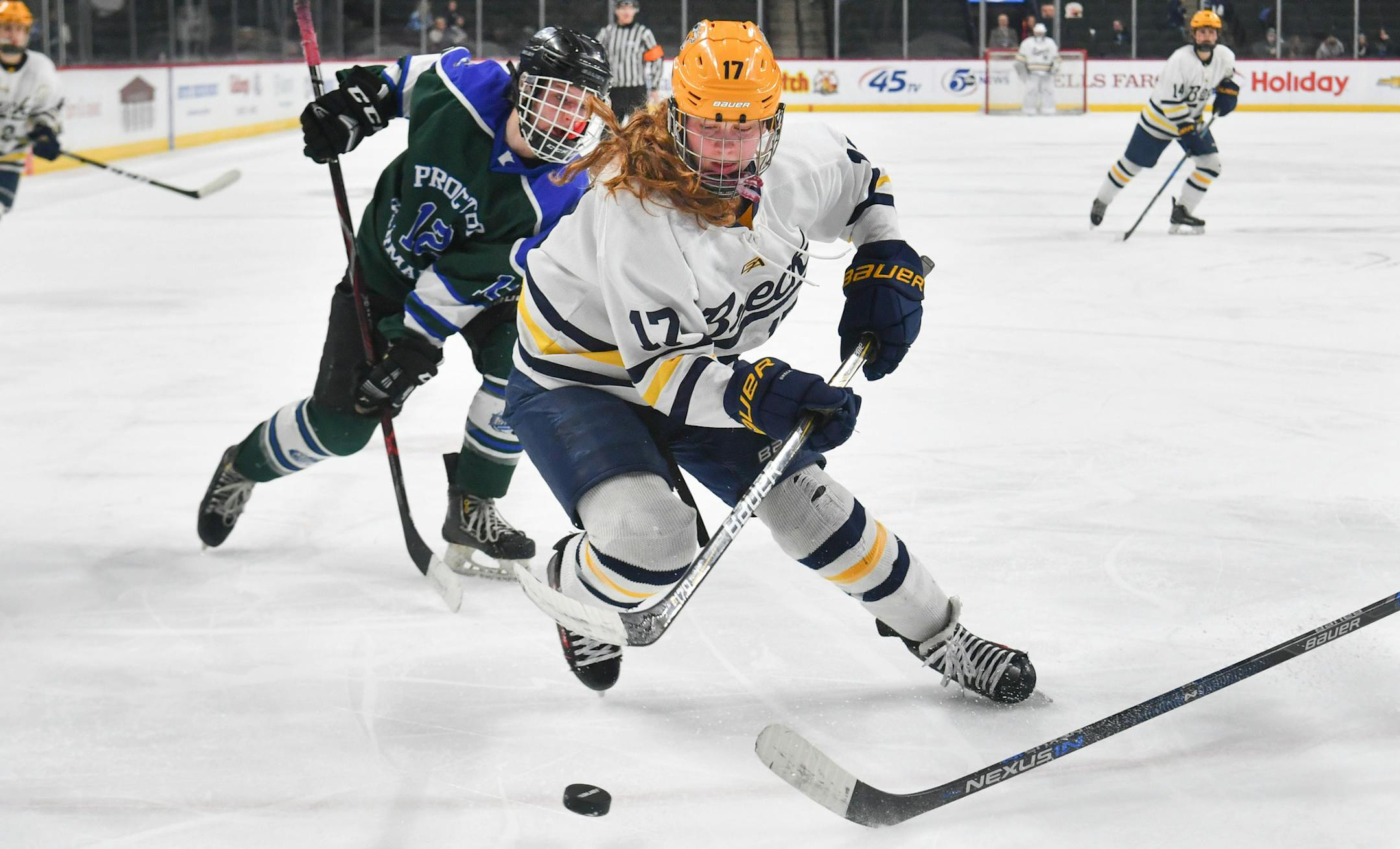 Breck Olivia Mobley (17) had one goal and two assists for the game. ] GLEN STUBBE • glen.stubbe@startribune.com Friday, February 23, 2018 Class A girls' hockey state tournament quarterfinals. Breck School beat Proctor/Hermantown 6 to 0.