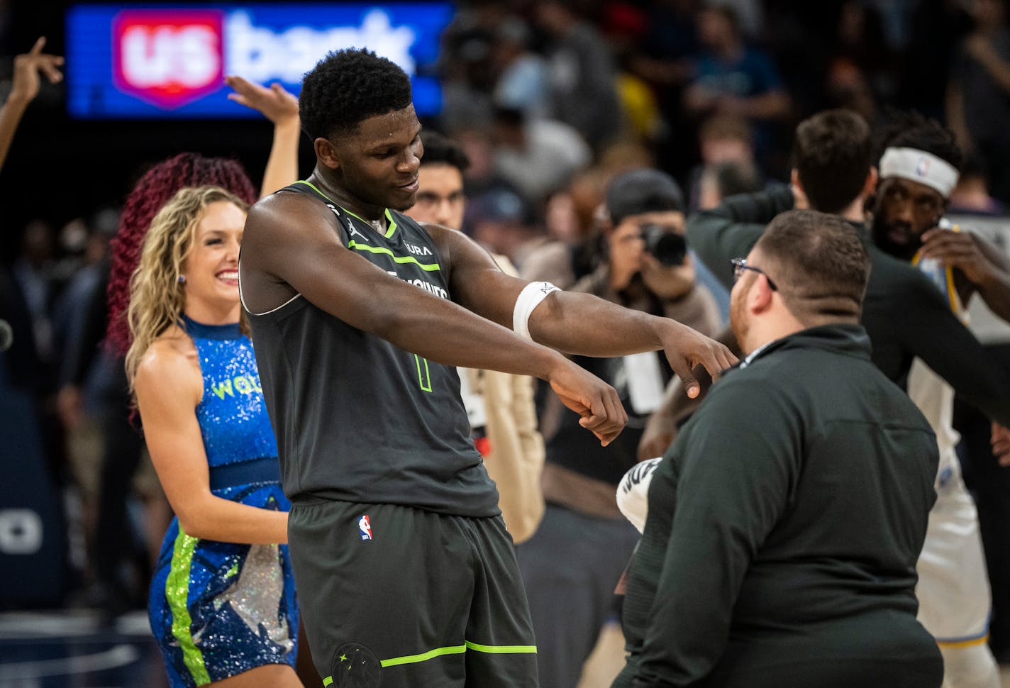 Minnesota Timberwolves forward Anthony Edwards (1) celebrated for a camera after the Minnesota Timberwolves won 11-102. The Minnesota Timberwolves hosted the LA Lakers at Target Center on Friday, Oct. 28, 2022 in Minneapolis, Minn. ] RENEE JONES SCHNEIDER • renee.jones@startribune.com