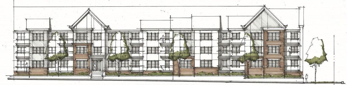 A rendering of the affordable housing complex, designed by Ron Clark Construction.