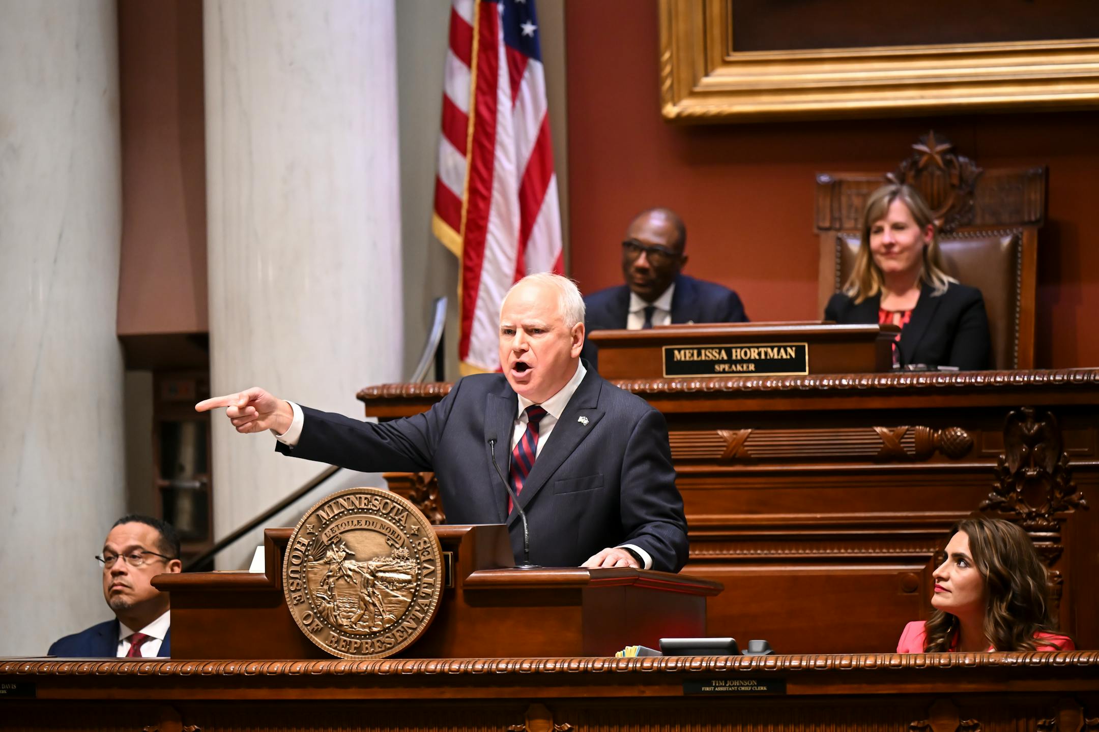 "They're banning books in their schools," said Minnesota Gov. Tim Walz in a remark pointed toward Republican Governors during the State of the State address, "We're banishing hunger from ours."