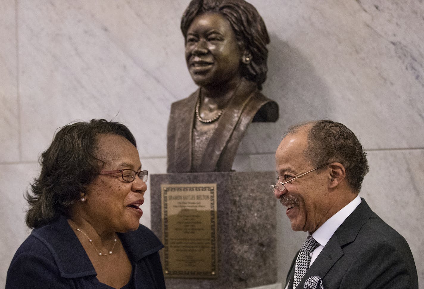 Sharon Sayles Belton greeted the sculptor Ed Dwight after the unveiling of her Bronze Tribute, honoring her achievements during her mayoral terms from 1994 to 2001, and in recognition of her being the first African-American and first woman mayor in the city. ] CARLOS GONZALEZ &#xef; cgonzalez@startribune.com - May 16, 2017, Minneapolis, MN, City Hall, Unveiling of the Sharon Sayles Belton Bronze Tribute, honoring her achievements during her mayoral terms from 1994 to 2001, and in recognition of