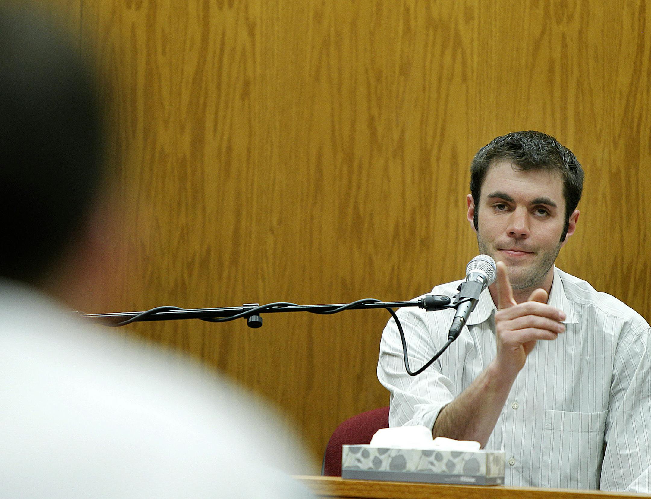 Aaron Schaffhausen's former roommate and co-worker Jarrod Klein pointed Schaffhausen out in the courtroom during the third day of the Aaron Schaffhausen trial at a St. Croix County Courtroom in Hudson, Wis., Thursday, April 4, 2013. (ELIZABETH FLORES/STAR TRIBUNE) ELIZABETH FLORES • eflores@startribune.com