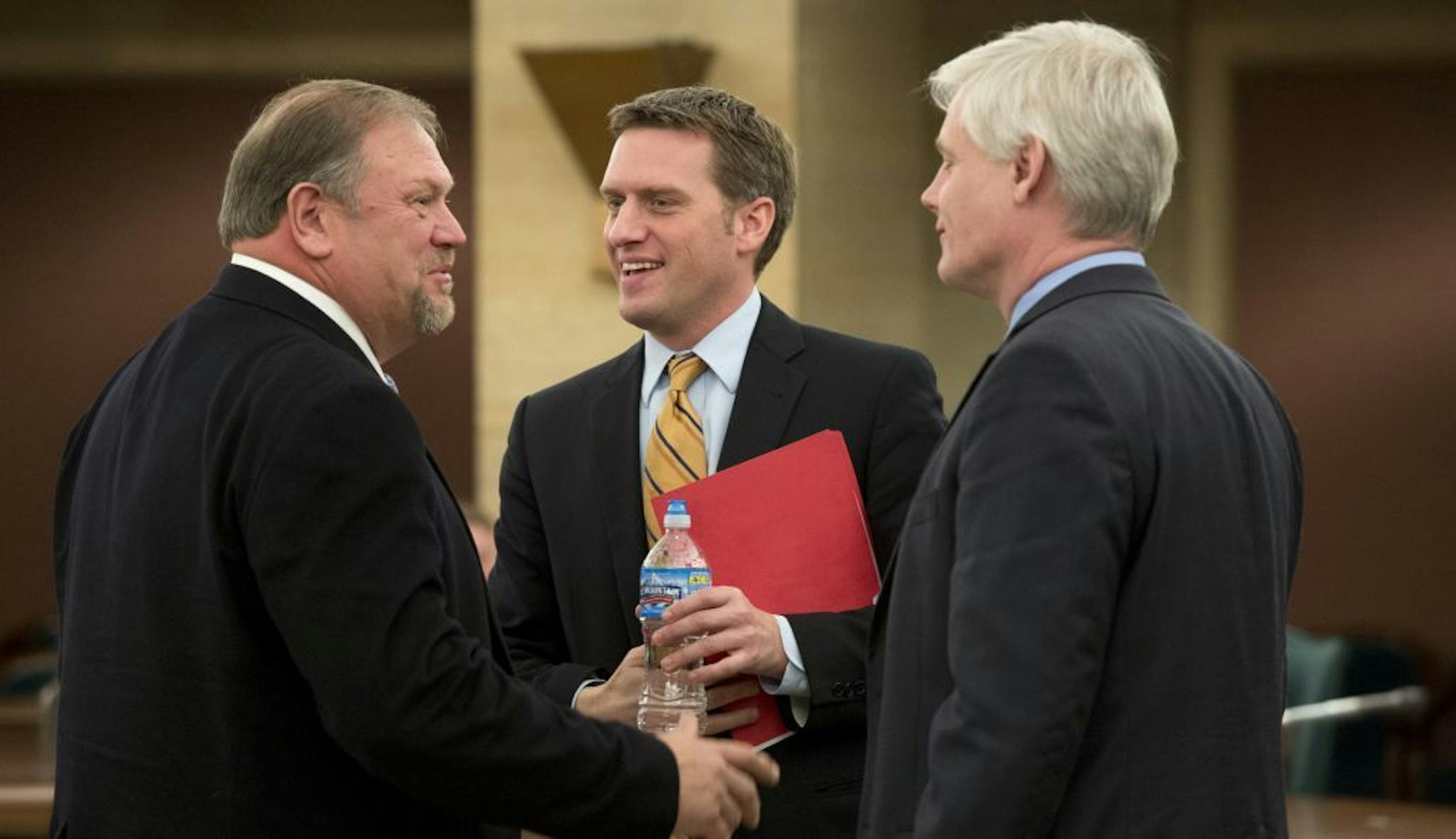 Incoming Legislative leaders and Governor Dayton talked about the upcoming legislative session, Monday, December 10, 2012. L to R are Senate Majority Leader Tom Bakk, House Minority Leader Kurt Daudt and House Majority Leader Paul Thissen.