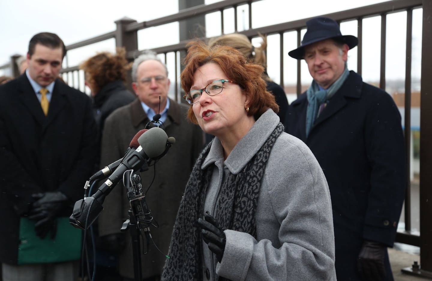 Debbie Goettel, mayor of Richfield, the impact of the proposed transportation plan on her city. ] (KYNDELL HARKNESS/STAR TRIBUNE) kyndell.harkness@startribune.com Press conference unveiling the Gov. Dayton's transportation proposal On a bridge overlooking 494 and 35W in Bloomington, Min., Tuesday, February 24, 2015.