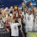 South Carolina head coach Dawn Staley and her team celebrated a 64-49 win over UConn after the championship game in the NCAA Women's Final Four on Sun