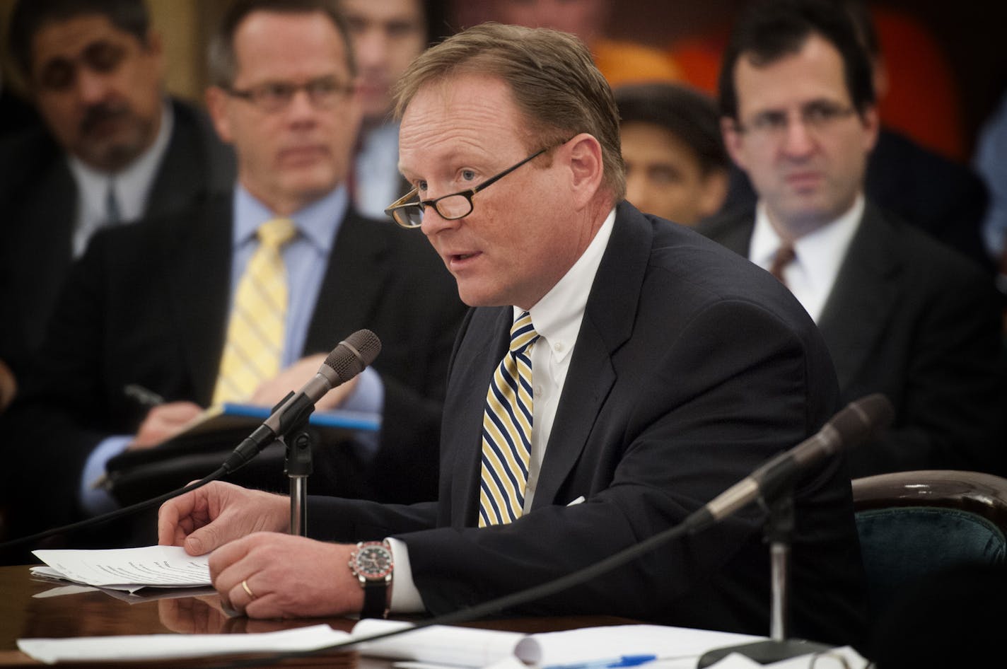 John Griffith, Target V.P. for property development testified about the stadium bill in the Senate Jobs and Economic Growth Committee. Tuesday, April 24, 2012 On the right is the bill's author, Sen. Julie Rosen. ] GLEN STUBBE * gstubbe@startribune.com