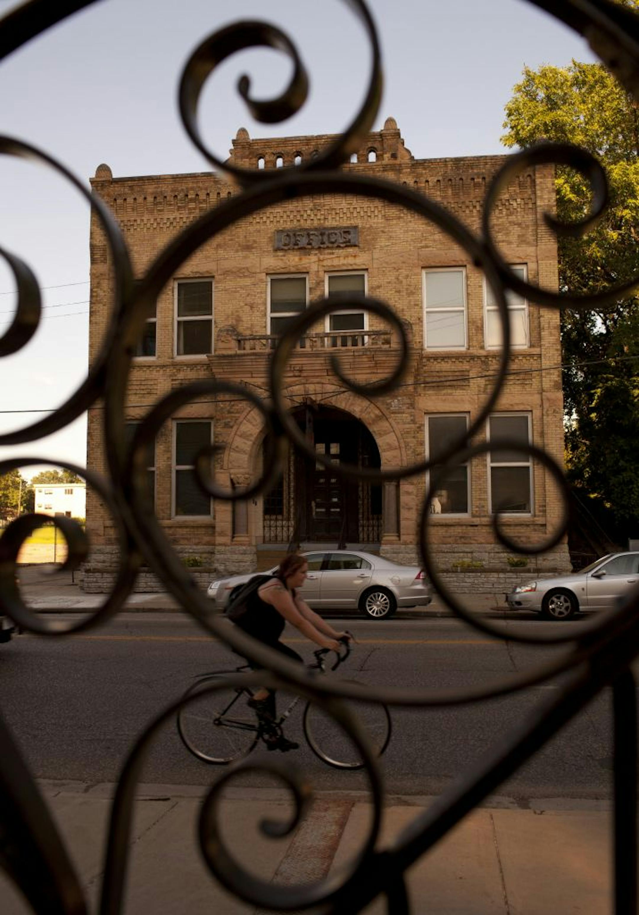 The Grain Belt Brewery office building at 1215 NE. Marshall St. in Minneapolis. This view is through an iron gate across the street at the brewery's recently renovated former brewhouse.