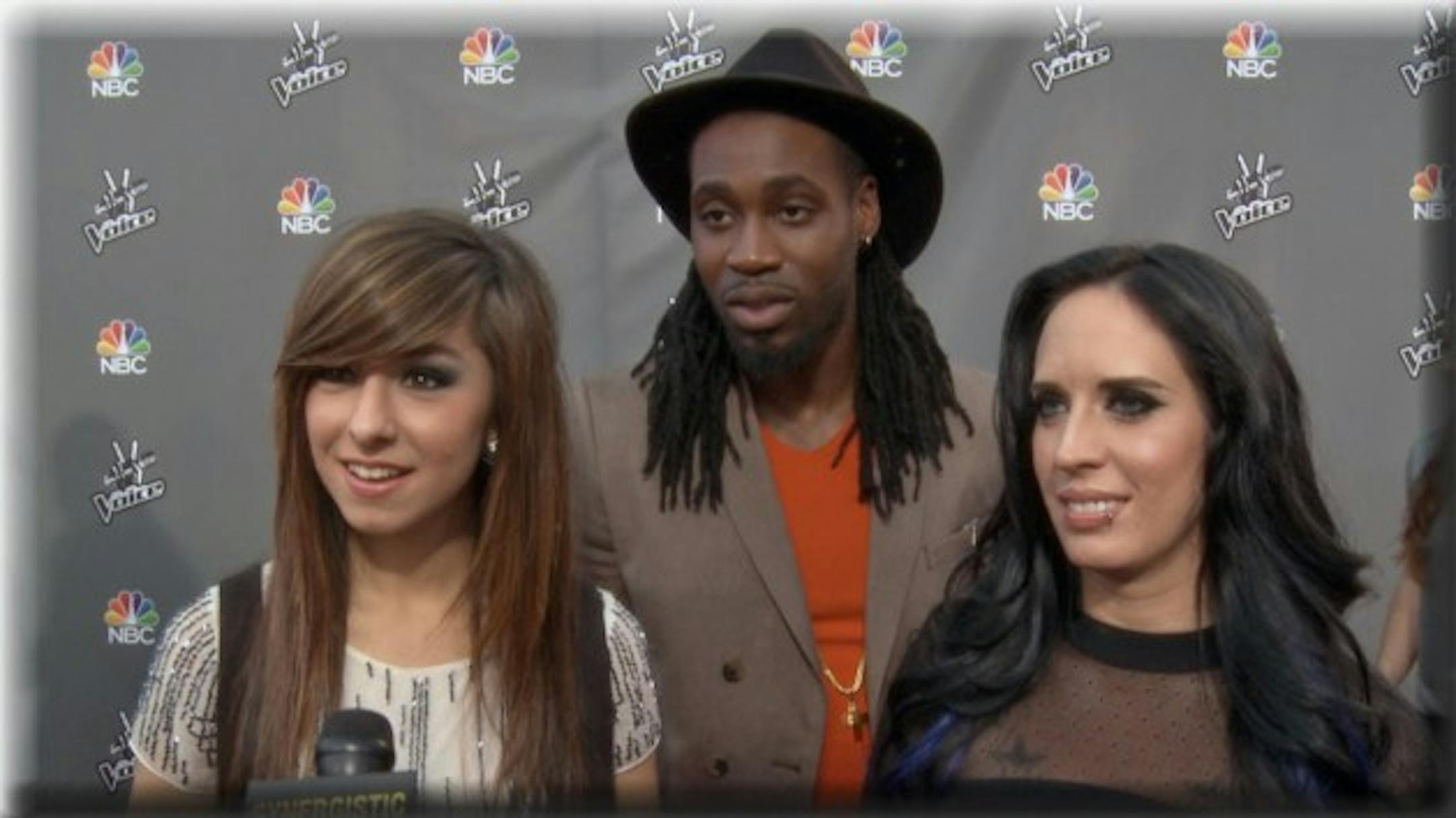 Christina Grimmie, left, and Kat Perkins with Delvin Choice during promo from "The Voice's" sixth season. / Courtesy NBC
