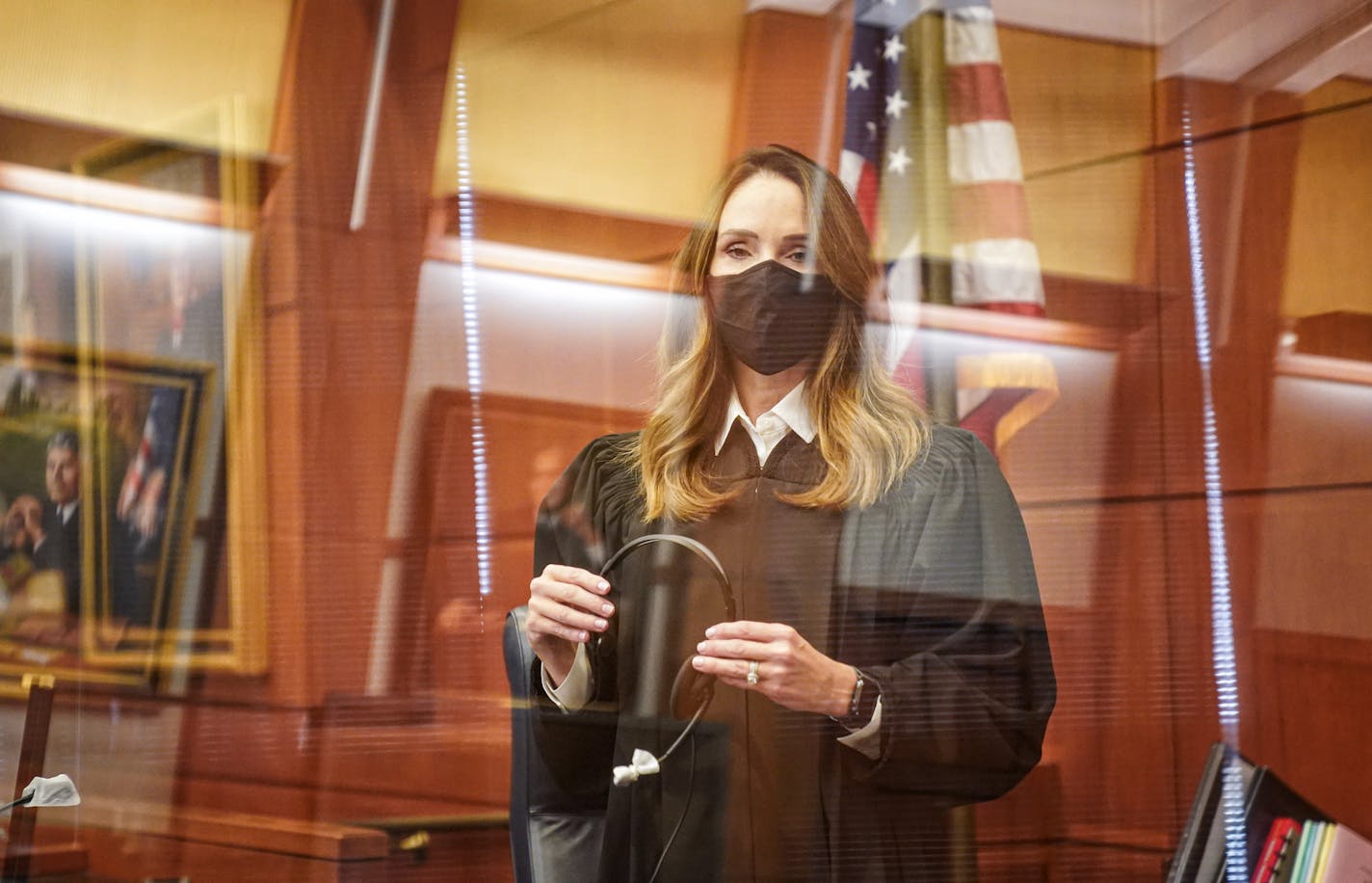 Judge Nancy Brasel will be separated from others by a plexiglass wall and will be able to communicate with attorneys via closed microphone and headset system to avoid calling them up to the bench. The first federal trial in the state of Minnesota got under way this week at the U.S. Federal Courthouse in Minneapolis, with a retrofitted courtroom that puts individual jurors and attorneys in plexiglass cubicles as the court system adapts to COVID-19. ] GLEN STUBBE • glen.stubbe@startribune.com Mond