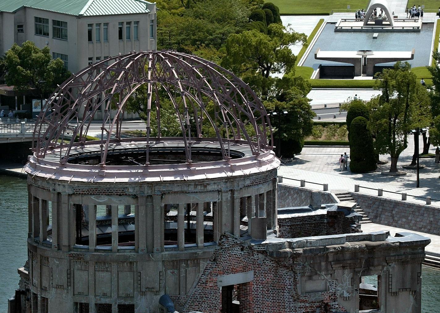 A bird eye view shows the upper portion of Atomic Dome, former Hiroshima Commerce Exhibition Hall, Tuesday, July 26, 2005. Hiroshima will mark the 60th anniversary on Aug. 6 of the atomic bombing which blasted off the entire city with 160,000 people killed and wounded. The bombings of Hiroshima and Nagasaki have led Japan to unconditional surrender, ending World War II. The ares upper right is Hiroshima Peace Memorial Park. (AP Photo/Junji Kurokawa) ORG XMIT: XJK106