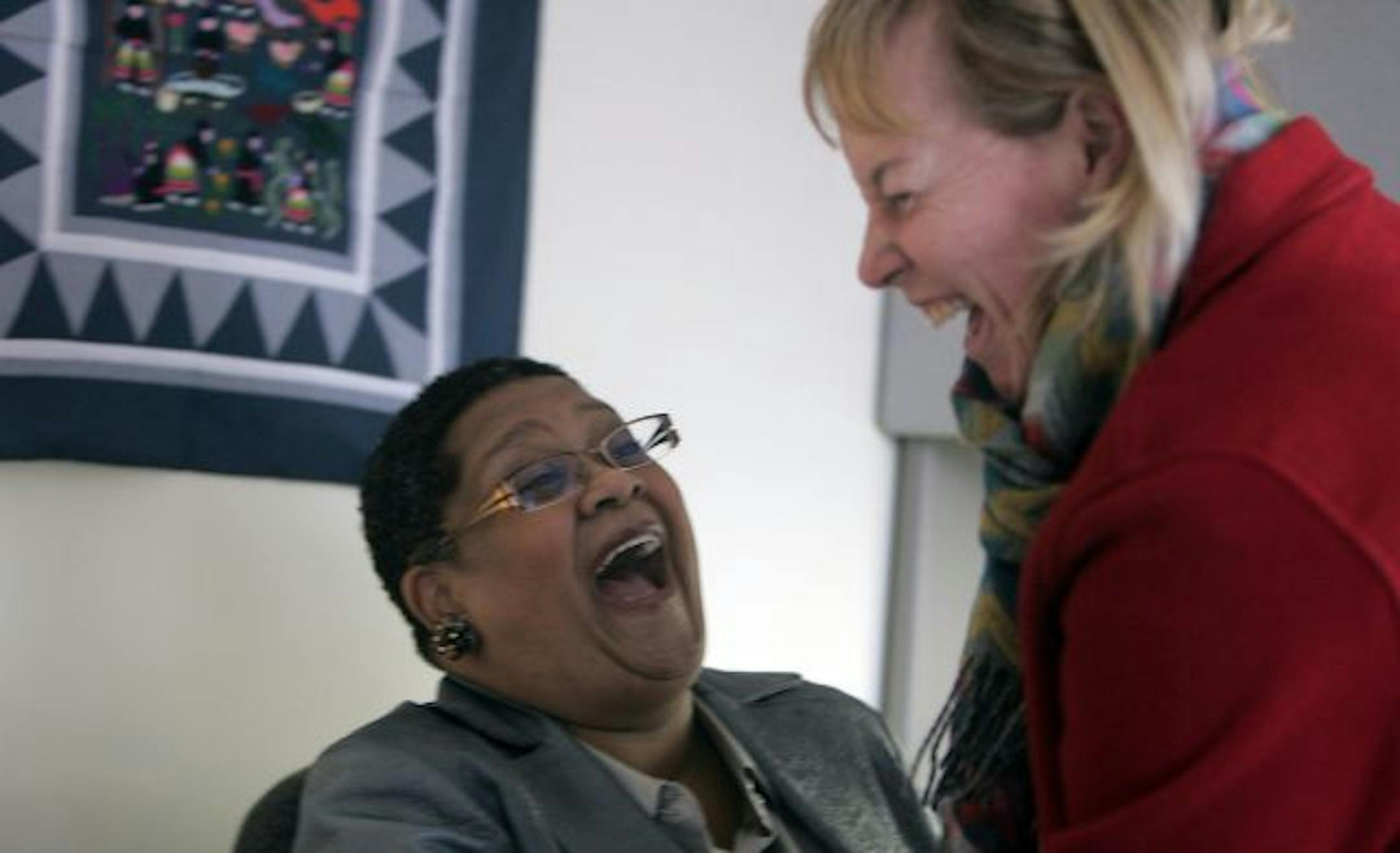 Bernadeia Johnson got a surprise visit from second-grade teacher Anita Kangas, her former colleague at Hall Elementary in Minneapolis. Johnson's grandmother was also a school principal.
