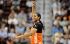West's Maya Moore, of the Minnesota Lynx, reacts in the final seconds the WNBA All-Star basketball game, Saturday, July 25, 2015, in Uncasville, Conn.