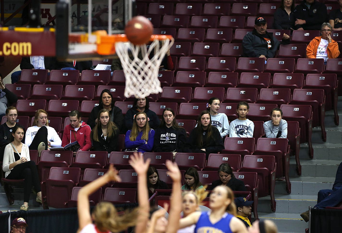 Many seats in Williams Arena remained empty during the Class A semifinals on Friday morning. ] JIM GEHRZ &#xef; james.gehrz@startribune.com / Minneapolis, MN / March 20, 2015 /12:00 PM &#xf1; BACKGROUND INFORMATION: Maranatha Christian Academy played Minneota &#x2020;in the Class A semifinals of the 2015 Minnesota State Girls Basketball Tournament Friday at Williams Arena.