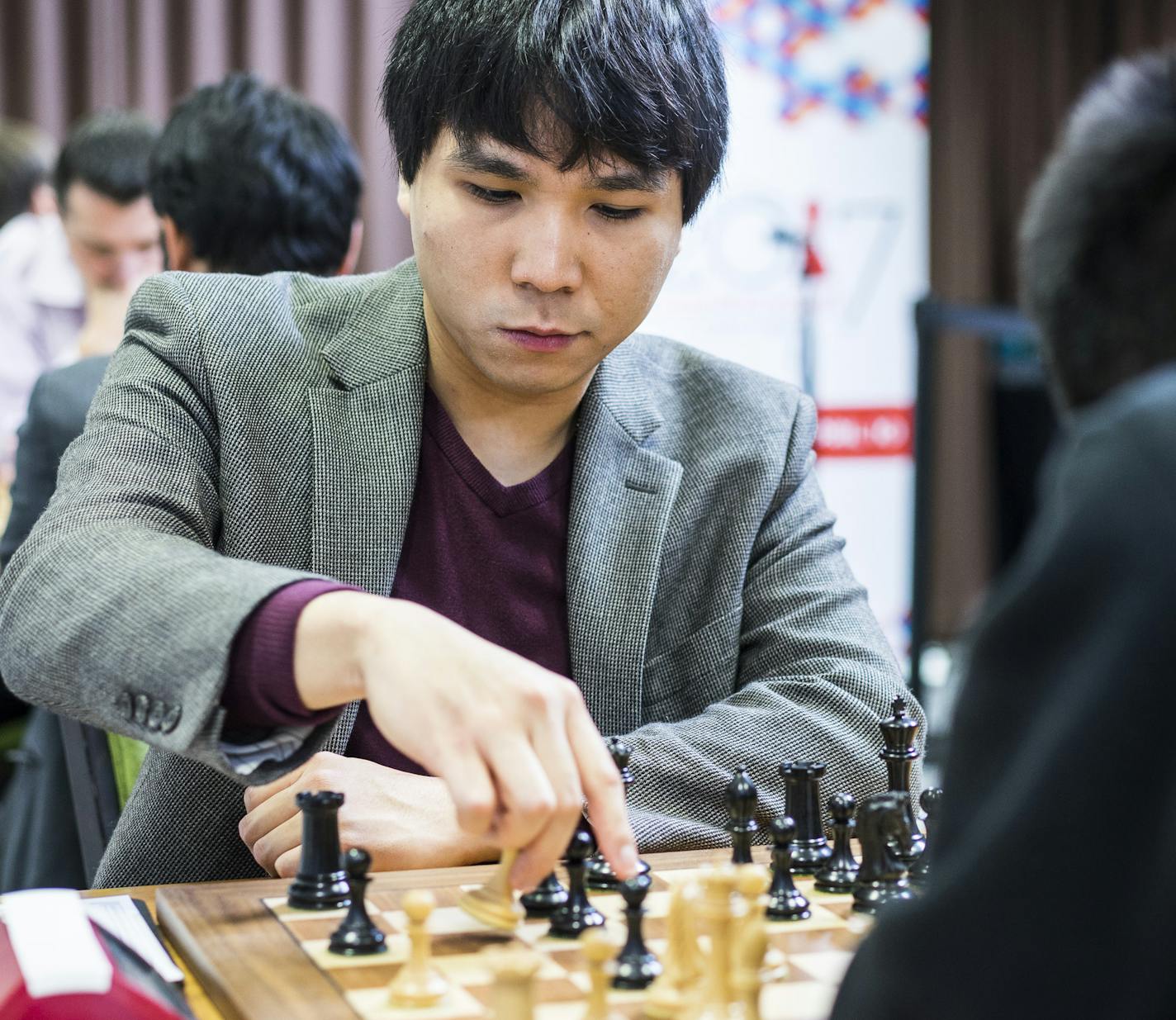 Chess Club and Scholastic Center of Saint Louis / Photo by Lennart Ootes:
Minnetonka chess Grandmaster Wesley So makes his move against 16-year-old Grandmaster Jeffery Xiong in their game Friday at the U.S. Chess Championship in St. Louis.