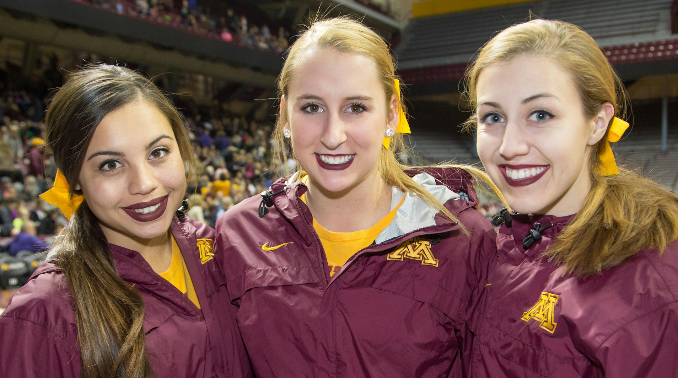 The floor maintenance crew, Vanessa Johnston, Ellen Jones and Cassie Braun help their fellow Gophers at the Best of the Best Showcase. [ Special to Star Tribune, photo by Matt Blewett, Matte B Photography, matt@mattebphoto.com, January 6, 2017, University of Minnesota Dance Team's Best of the Best Showcase, William's Arena, University of Minnesota Campus, Minneapolis, Minnesota, SAXO 1002854050 FACE011517 http://www.gophersports.com/sports/w-soccer/mtt/vanessa_johnston_847159.html https://www.fa
