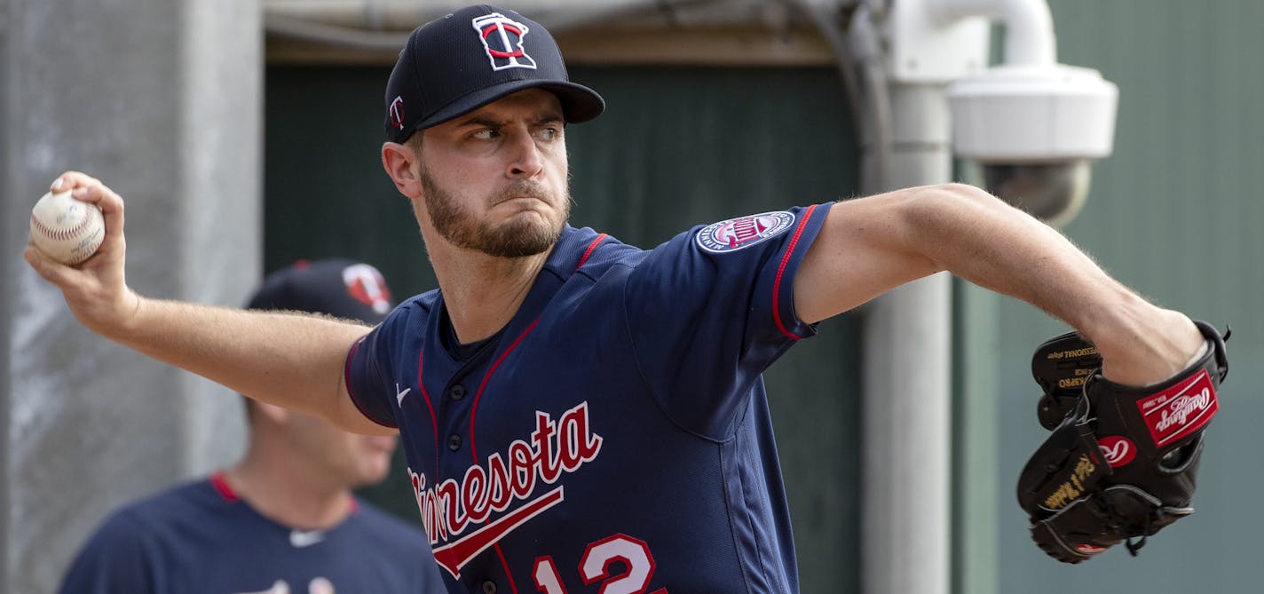 Minnesota Twins pitcher Jake Odorizzi (12). ] CARLOS GONZALEZ &#x2022; cgonzalez@startribune.com &#x2013; Fort Myers, FL &#x2013; February 13, 2020, CenturyLink Sports Complex, Hammond Stadium, Minnesota Twins, Spring Training