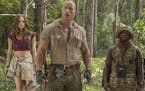 Karen Gillan, Dwayne Johnson and Kevin Hart in "Jumanji: Welcome to the Jungle."