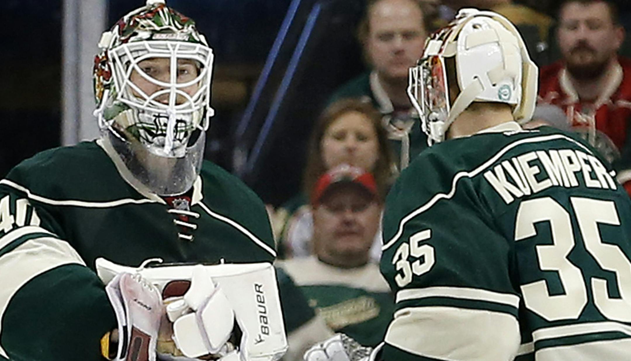 Minnesota Wild goalie Darcy Kuemper (25) replaced Devan Dubnyk (40) in the second period. ] CARLOS GONZALEZ cgonzalez@startribune.com, April 22, 2015, St. Paul, Minn., Xcel Energy Center, NHL, Minnesota Wild vs. St. Louis Blues, Game 4, Stanley Cup Playoffs