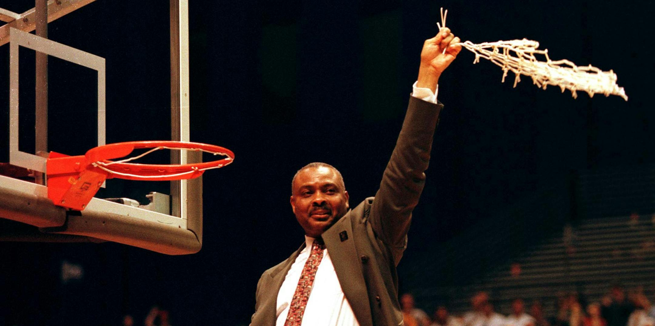 The Gophers vs. U.C.L.A. in the Midwest Regional Final Saturday afternoon. -- Minnesota head coach Clem Haskins waves the nets after the Gophers beat UCLA in the Midwest Regional Championship sending Minnestoa to the Final Four.