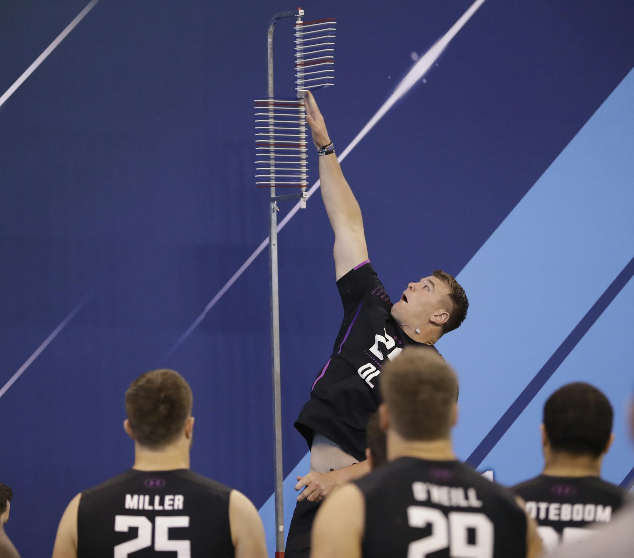 Notre Dame offensive lineman Mike McGlinchey vertical jumps during the NFL football scouting combine, Friday, March 2, 2018, in Indianapolis. (AP Photo/Darron Cummings)