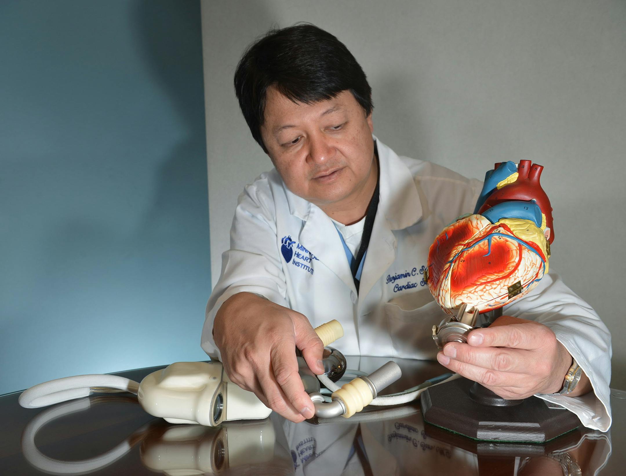 Dr. Benjamin Sun demonstrates the placement of a continuous flow device on a model heart. ] (SPECIAL TO THE STAR TRIBUNE/BRE McGEE) **Dr. Benjamin Sun