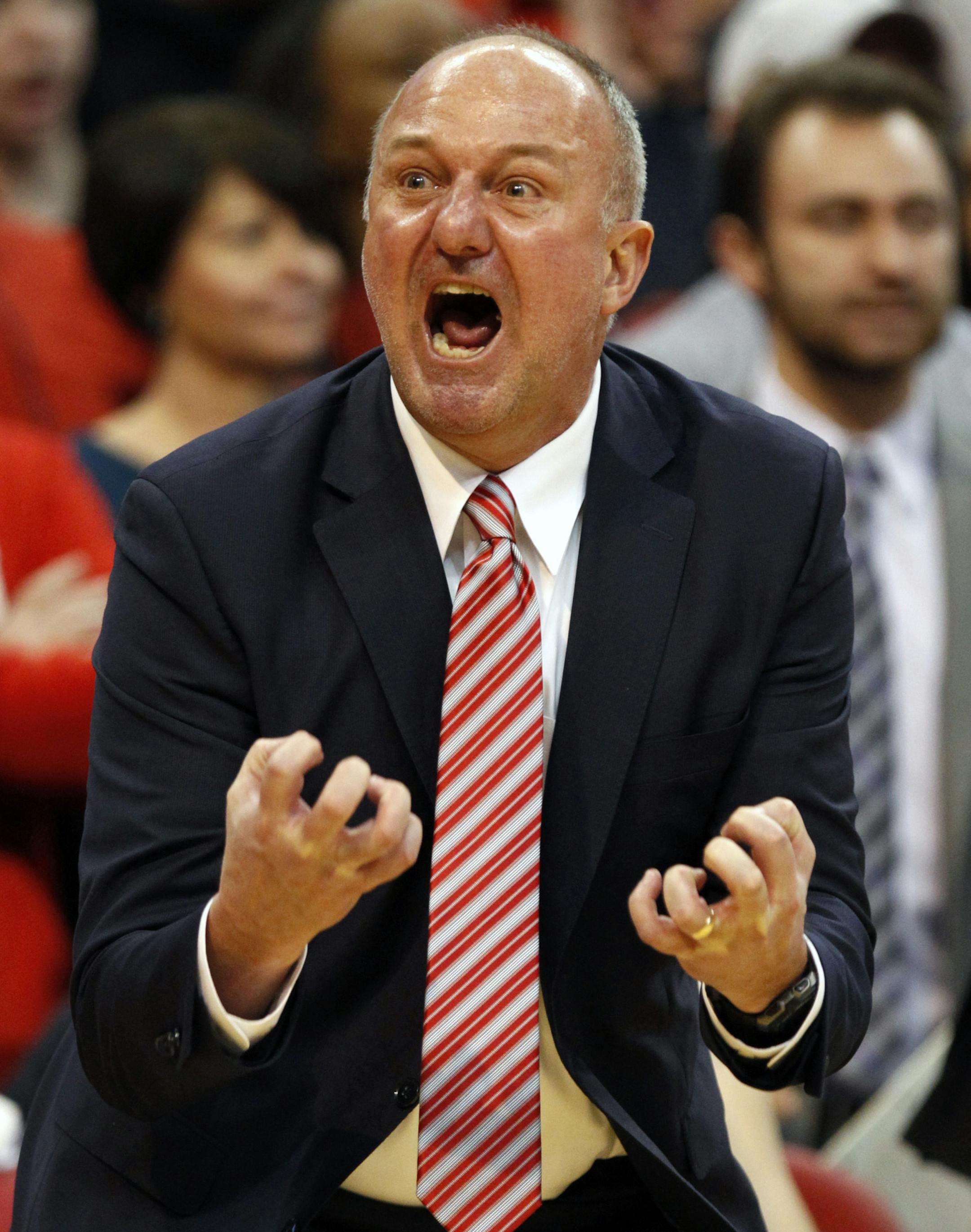 FILE - In this Jan. 15, 2017, file photo, Ohio State coach Thad Matta reacts to a call during the second half of an NCAA college basketball game against Michigan State in Columbus, Ohio. Matta is out as coach of Ohio State after 13 seasons. Matta said Monday, June 5, 2017, it was a "mutually agreed" decision.(AP Photo/Paul Vernon, File)