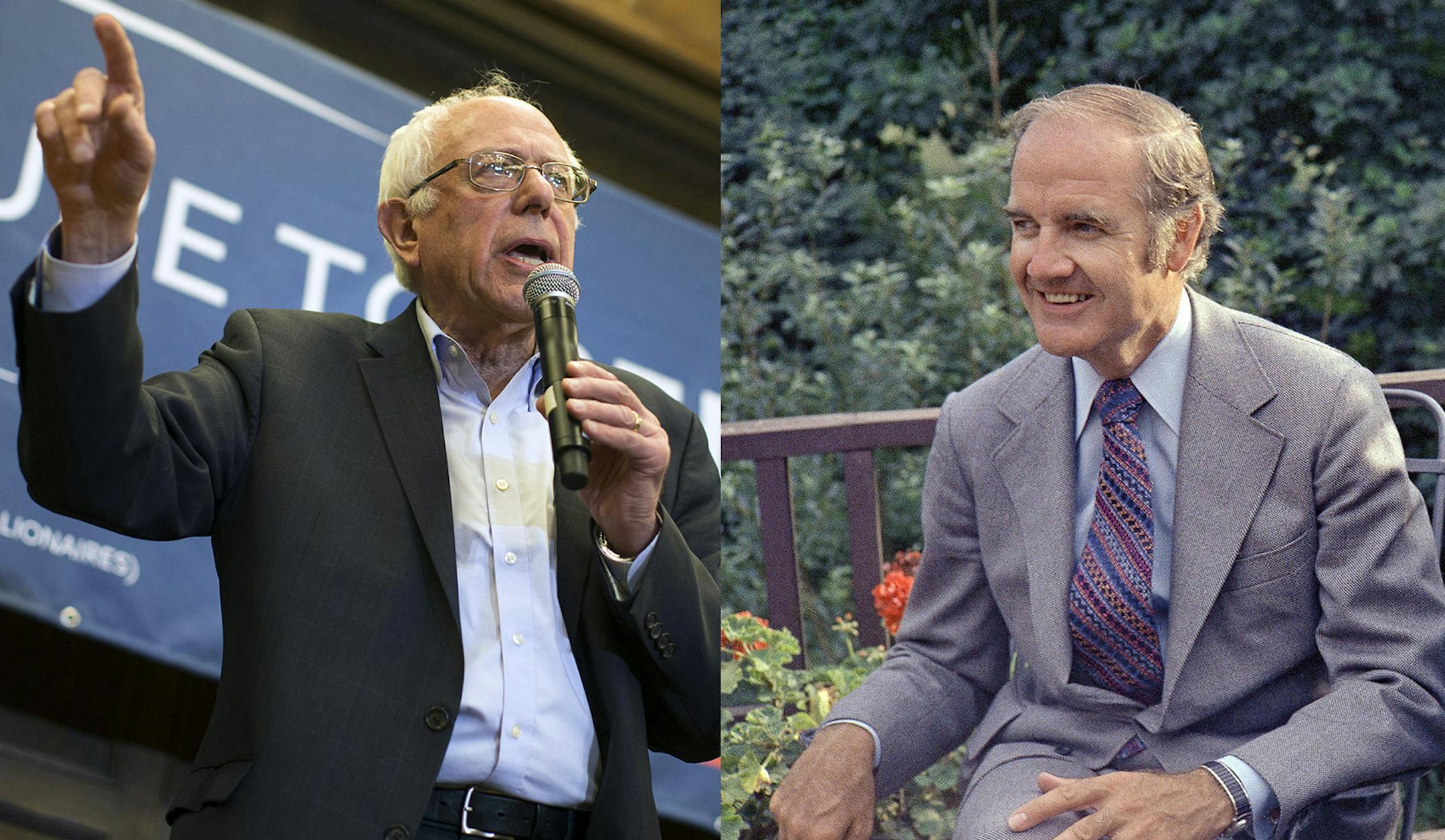 (AP Photo/Evan Vucci)/(AP Photo/Charles Harrity) Democratic presidential candidate Sen. Bernie Sanders, I-Vt., speaks during a meeting with volunteers at Iowa State University, on Sunday, Jan. 31, 2016, in Ames, Iowa. (AP Photo/Evan Vucci) Sen. George McGovern, Democratic nominee for president, and Sargent Shriver, his running mate are shown at McGovern?s house, Aug. 6, 1972. (AP Photo/Charles Harrity) ORG XMIT: APHS269985