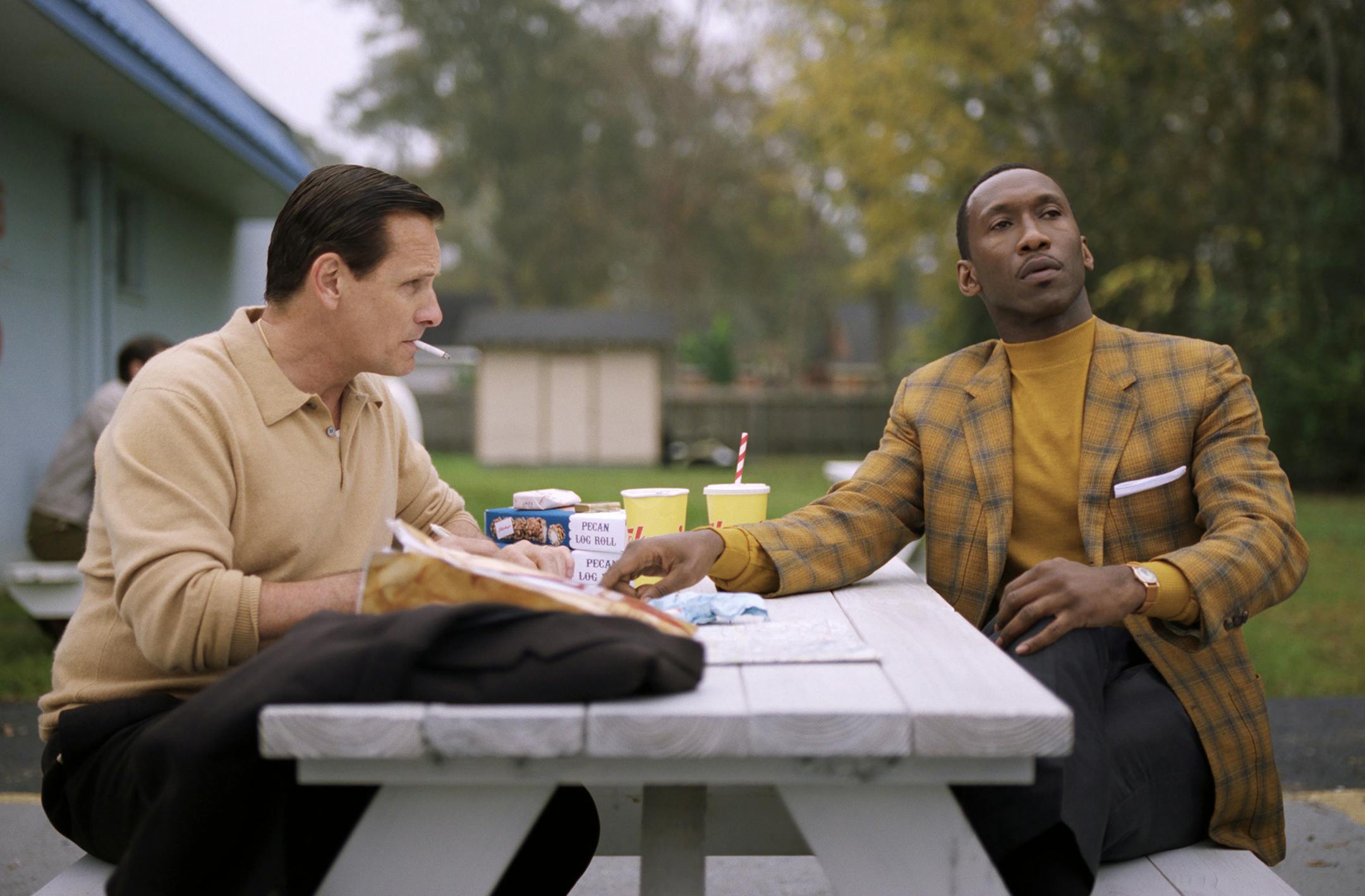 This image released by Universal Pictures shows Viggo Mortensen, left, and Mahershala Ali in a scene from "Green Book." The film is among the American Film Institute’s top 10 films of the year. AFI announced its selections for the 19th AFI Awards Tuesday, Dec. 4, 2018, recognizing works deemed culturally and artistically significant by a jury of AFI Trustees, scholars and critics. (Universal Pictures via AP)