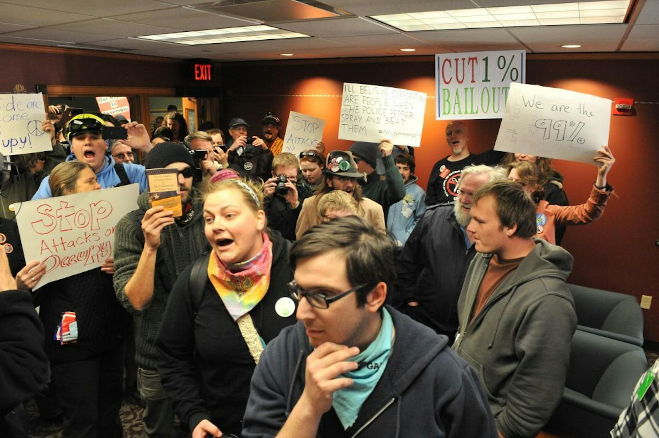 More than 50 people representing the Occupy movement jammed into Minneapolis Mayor R.T. Rybak's office Monday afternoon.
