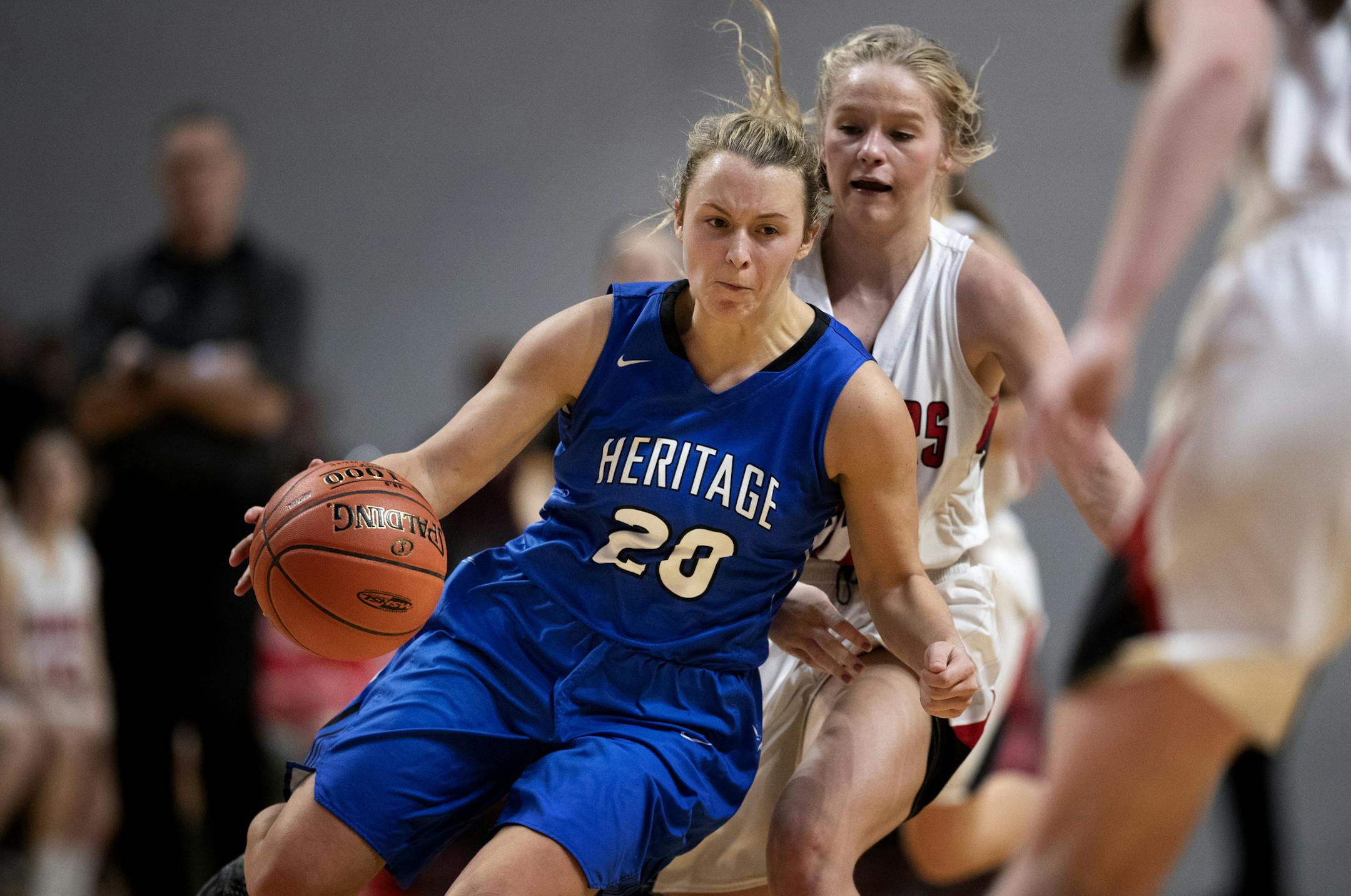 Eagles Taylie Schott dribbled pass Cougars Mariah McKeever during 1A quarterfinals Thursday at Maturi Pavilion March 14, 2019 in Minneapolis MN.] Ada-Borup Cougars played Heritage Christian Eagles in 1A girls' basketball state tournament quarterfinals at Maturi Pavilion. Jerry Holt • Jerry.holt@startribune.com