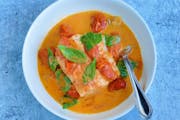 Poached Fish in Creamy, Spicy Tomato Broth 