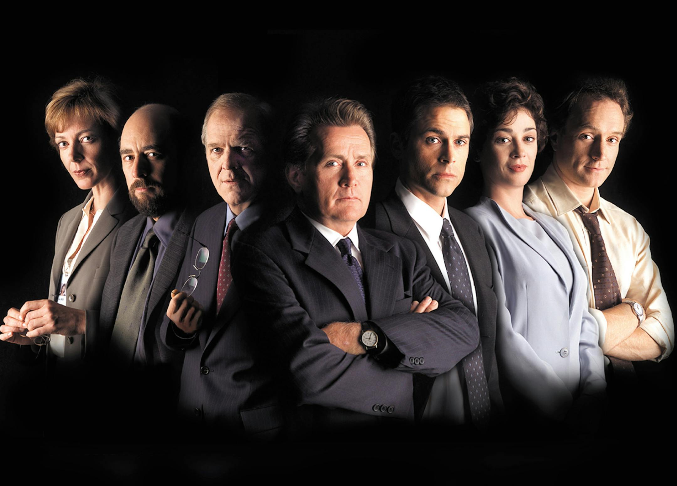 THE WEST WING -- NBC Series -- Pictured:(l-r) Allison Janney as C.J. Cregg, Richard Schiff as Toby Ziegler, John Spencer as Leo McGarry, Martin Sheen as Josiah Bartlet, Rob Lowe as Sam Seaborn, Moira Kelly as Madeline Hampton, Bradley Whitford as Josh Lyman -- NBC Photo