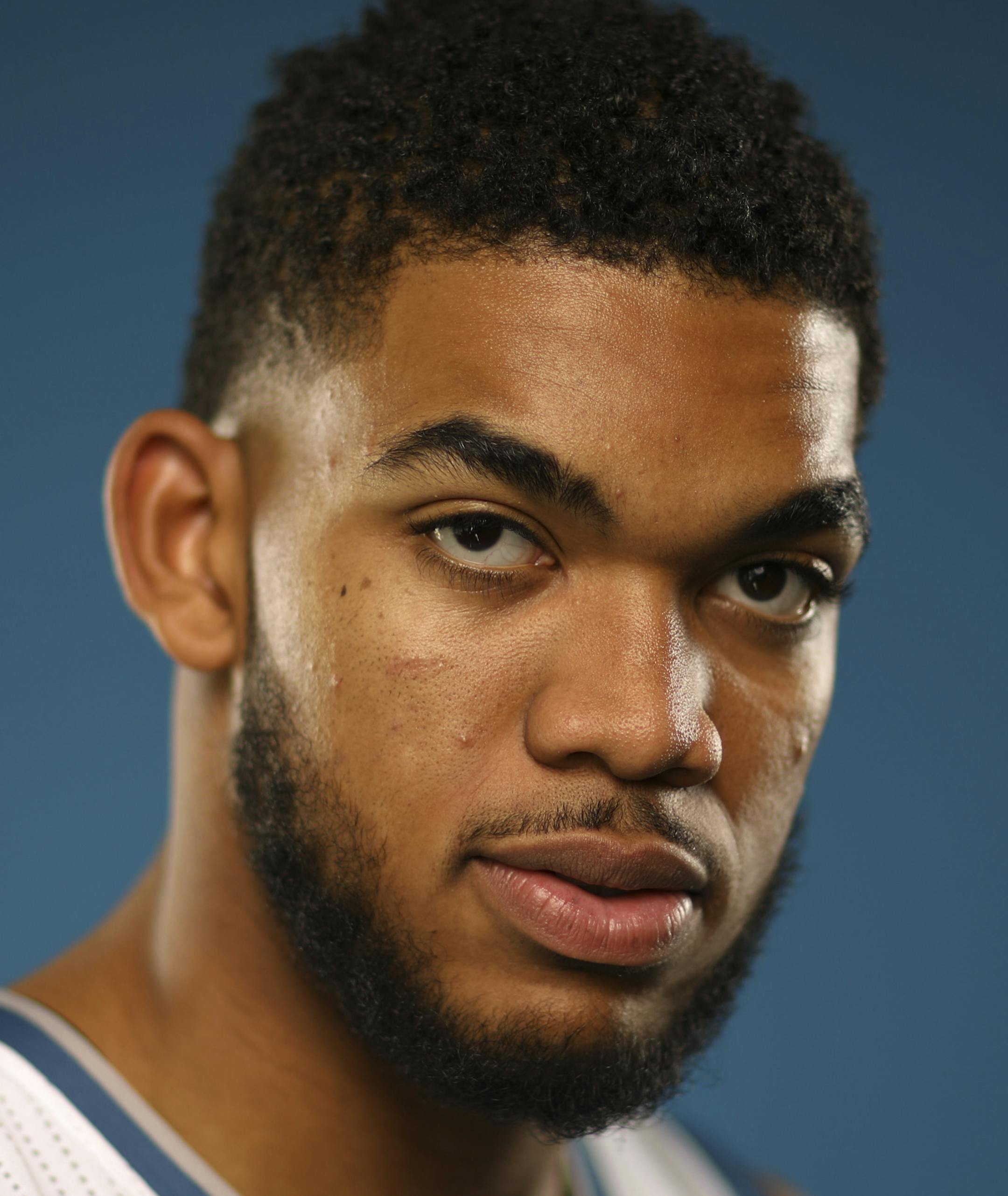 Timberwolves center Karl-Anthony Towns during a portrait session at Media Day Monday afternoon. ] JEFF WHEELER &#xef; jeff.wheeler@startribune.com The Minnesota Timberwolves held their Media Day Monday afternoon, September 26, 2016 at Mayo Clinic Square in Minneapolis.